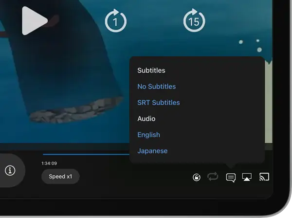 FileBrowser for Education movie player on iPad with language switcher icon visible allowing selection of alternate audio tracks in a movie