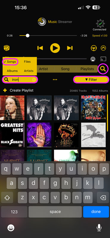 Search your music files and download them for offline playback