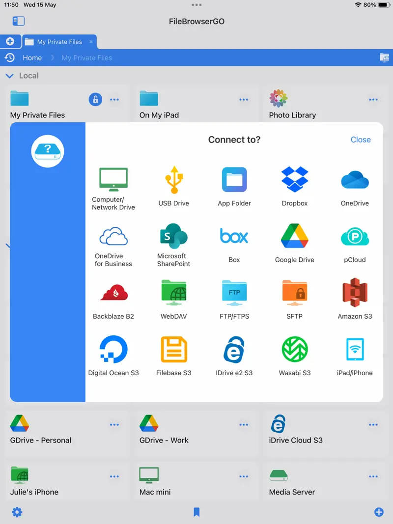 FileBrowserGO connect to over 20 different storage types