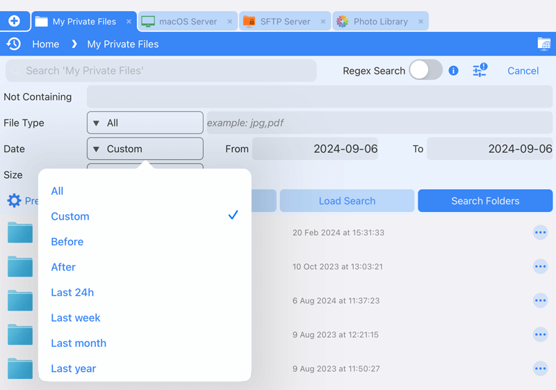 Search for files using specific dates on iOS