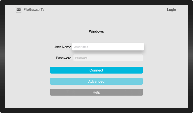 Enter your Username and Password in FileBrowserTV to connect to your PC from Apple TV