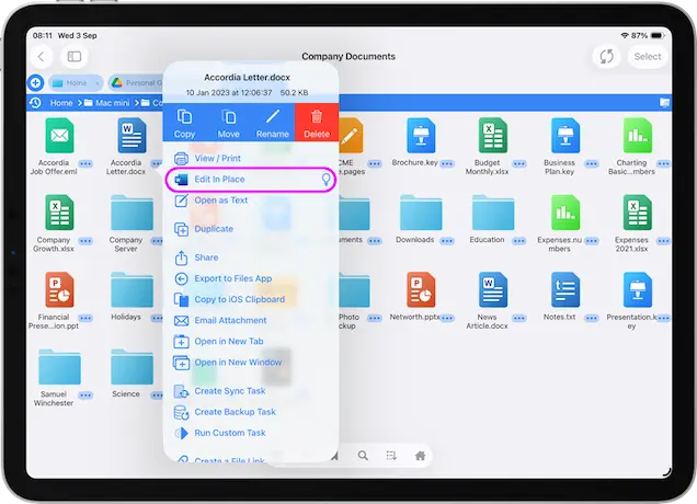 Use FileBrowser Professionals Edit in place