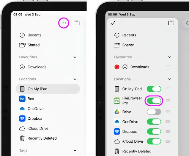 Access FileBrowser Professional connections such as Dropbox and OneDrive in the iOS Files App