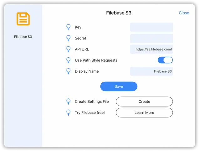 Filebase connection settings in FileBrowser Professional