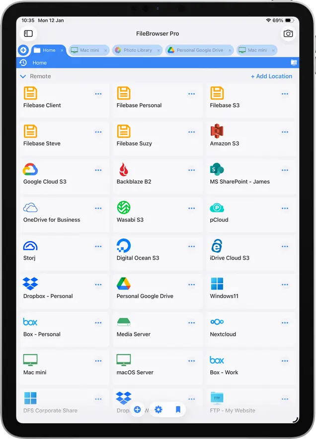 Multiple Filebase accounts configured in FileBrowser Professional on iPad