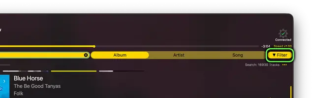 Search your music collection by Song, Album, Artist or File name