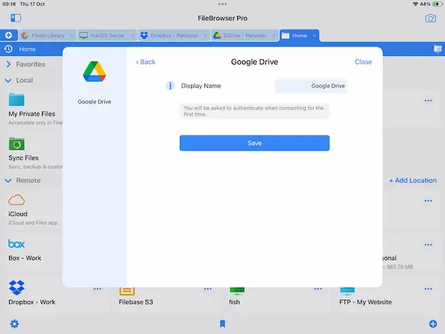 Add a GoogleDrive account to FileBrowser