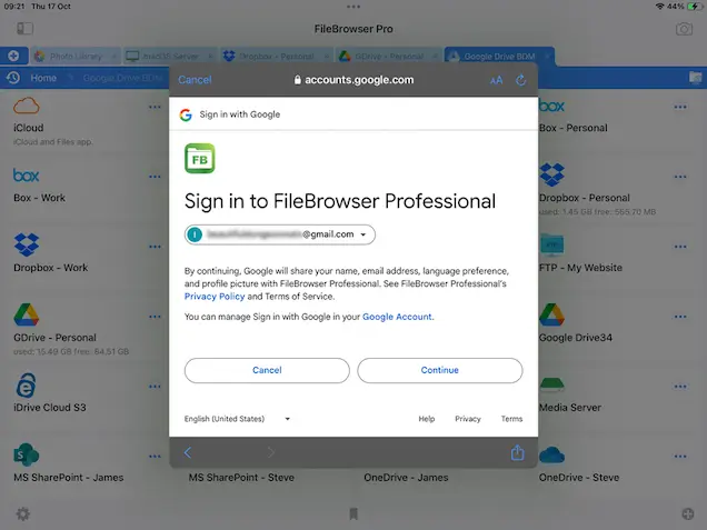 Sign in to your GoogleDrive account in FIleBrowser