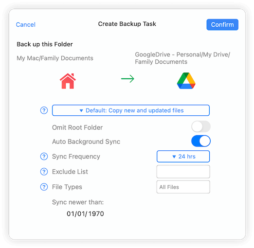 Backup folders from any location to another location using FileBrowser Pro Backup tasks on your Mac