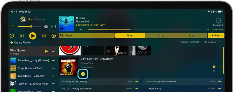Download your music files by album to your iPhone for offline listening
