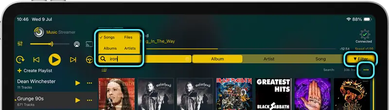 Search your music files and download them for offline playback