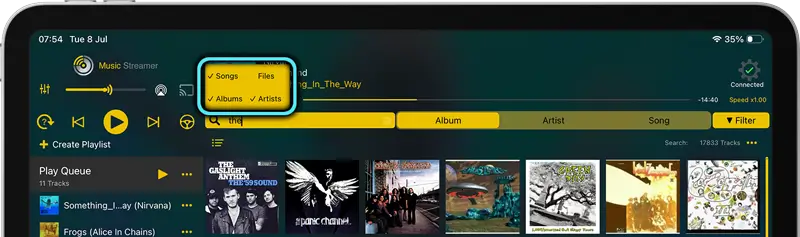Search your music collection by Song, Album, Artist or File name