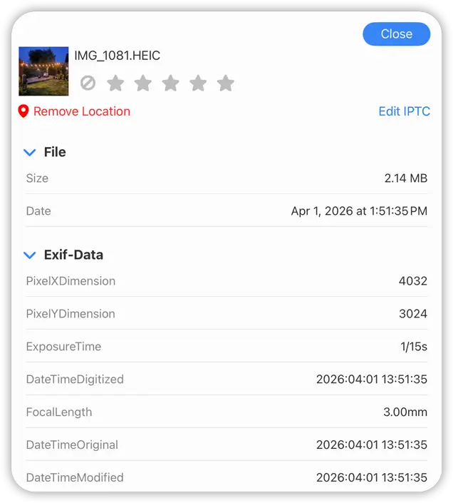 FileBrowser photo information panel on iPad showing the Remove GPS Properties option when editing image metadata