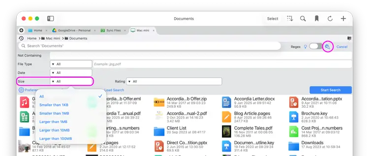 limit searches to preset file sizes