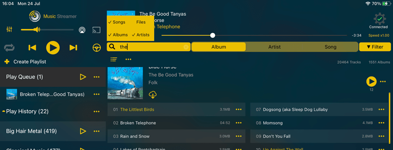 Search your music collection by Song, Album, Artist or File name