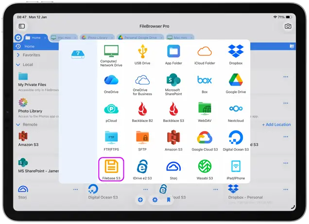 Selecting Filebase S3 storage in FileBrowser Professional on iPhone