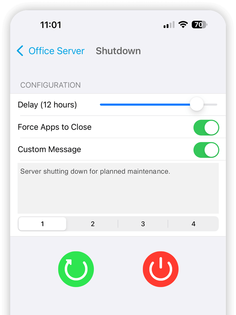 Schedule Windows server shutdown and reboots and provide messages remotely using your iPhone