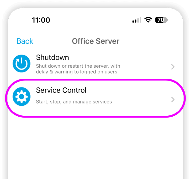 Connect to your Windows servers and tap service control in ServerControl