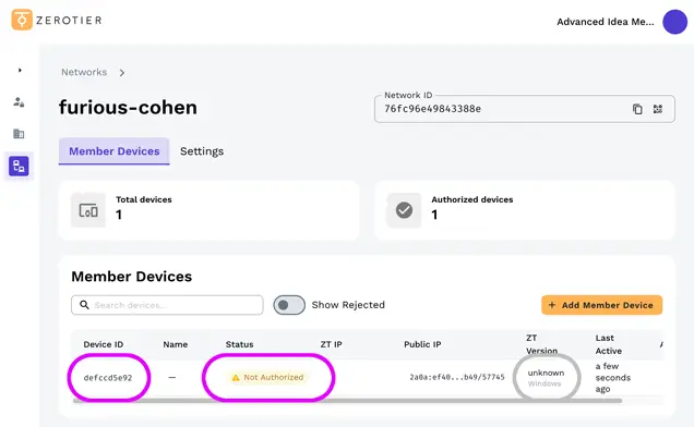 ZeroTier devices waiting to connect