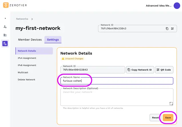 ZeroTier click on your network to change its settings