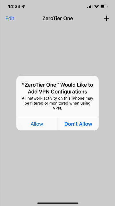 Allow ZeroTier to add a VPN connection on your iPhoen or iPad