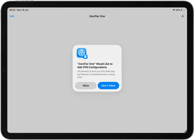 Allow ZeroTier to add a VPN connection on your iPhoen or iPad