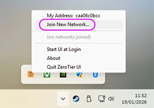 Open the Zerotier app on Windows