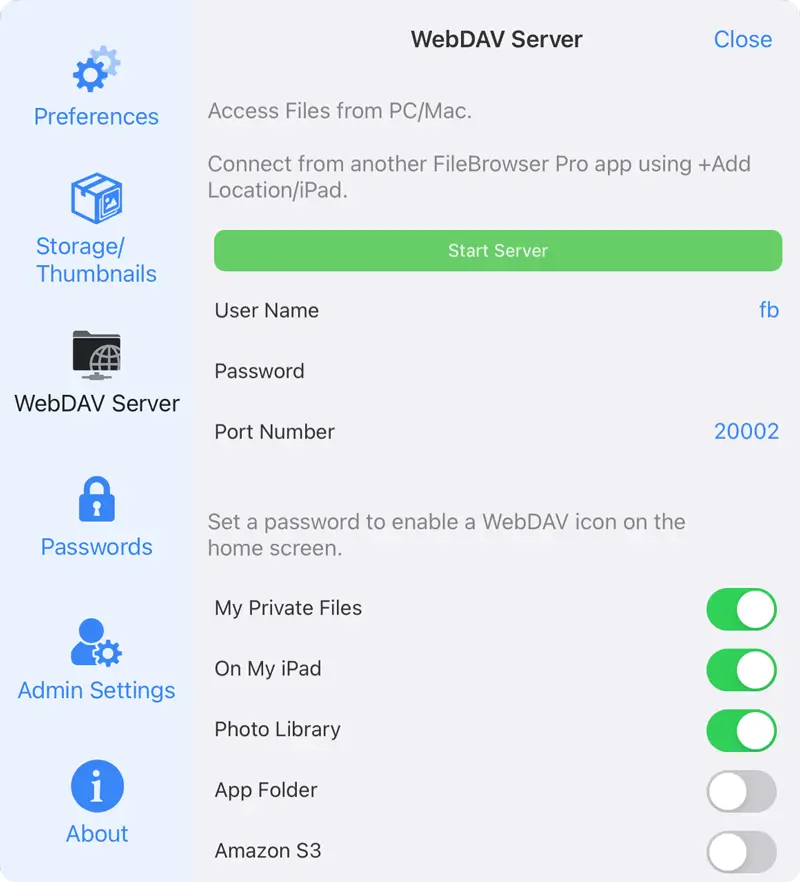 FileBrowser WebDAV server settings