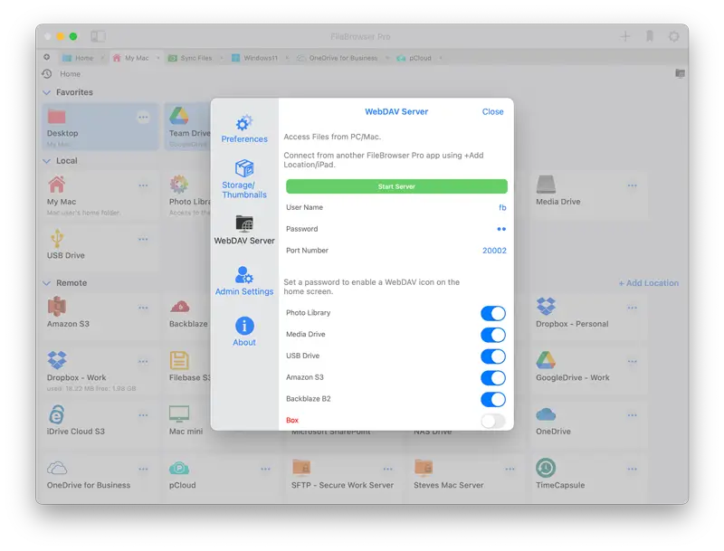 FileBrowser WebDAV server settings