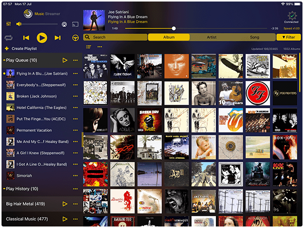 Switch between artists or albums, even view your music library in list or grid view