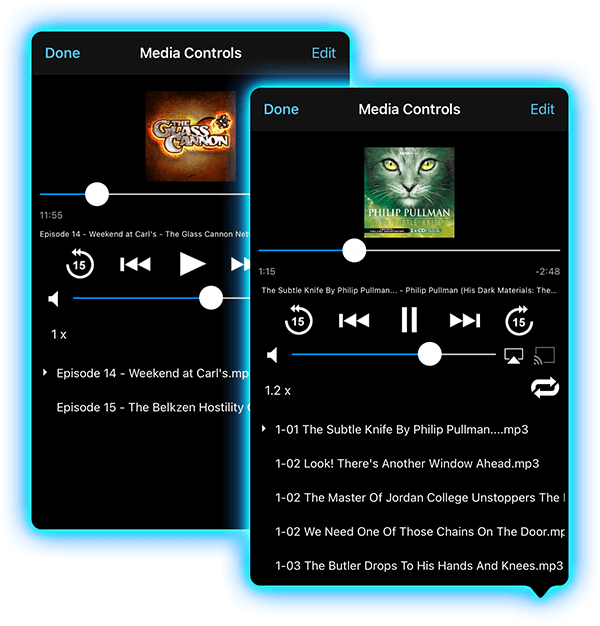 Listen to your favourite Podcasts or Audiobooks, stream them directly from your computer or cloud storag to your iPad / iPhone