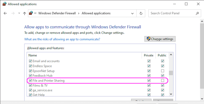 Allow file and print sharings through my Windows 10 firewall