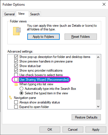 How to disable Sharing Wizard in Windows 10