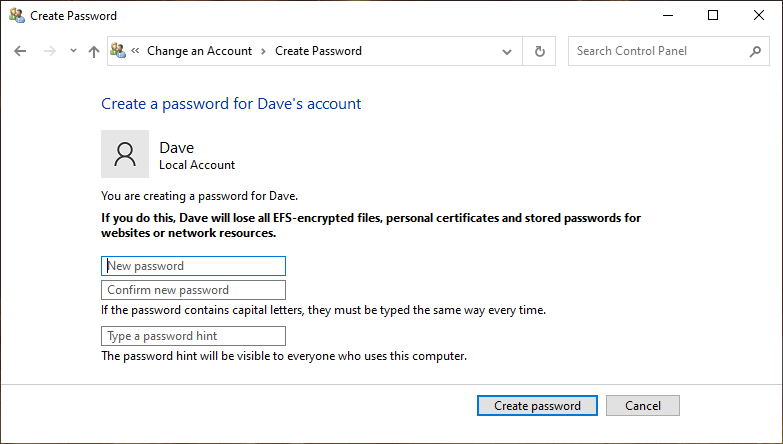 Setting a password on your Windows 10 account